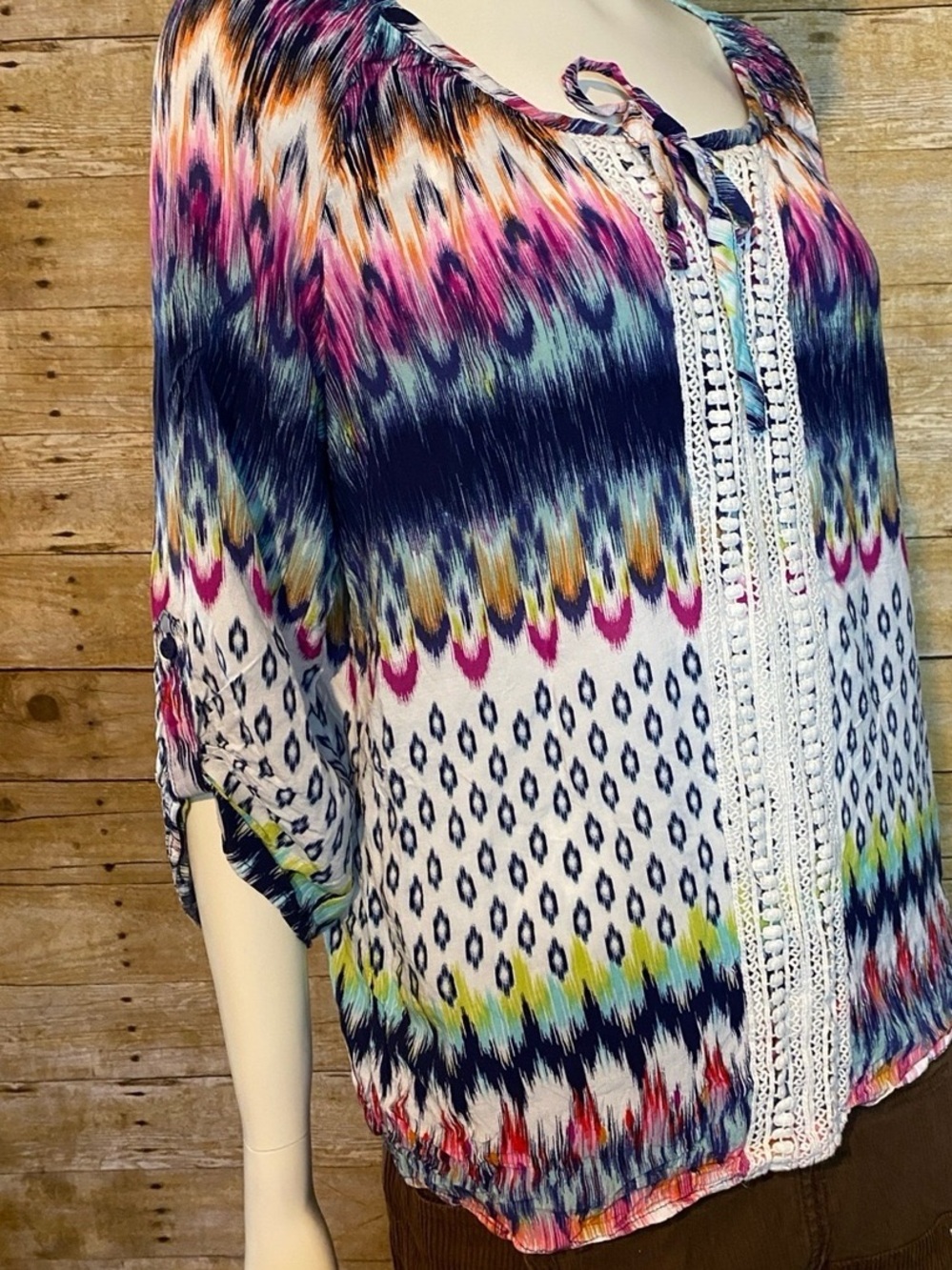 Boho Crochet-Trim Multicolor Women's Blouse